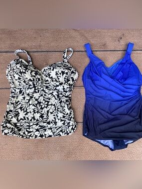 Lands End swim lot tropical floral tankini swim top blue ombré wrap maillot 20W